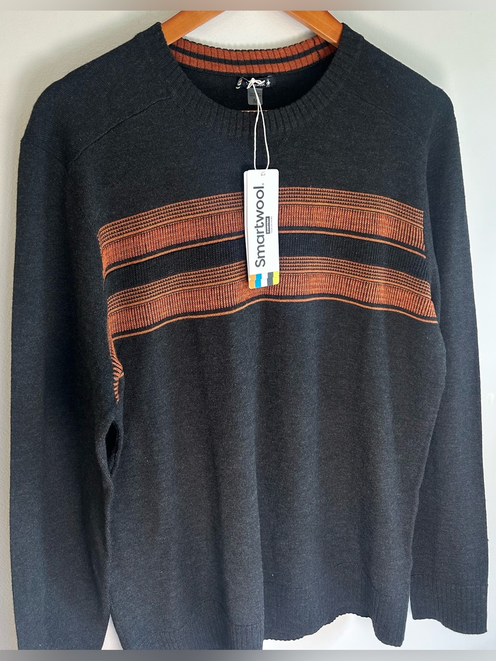 SmartWool Mens Sparwood Stripe Crew Neck Sweater Size M Pullover Gray Orange NWT - Picture 2 of 12